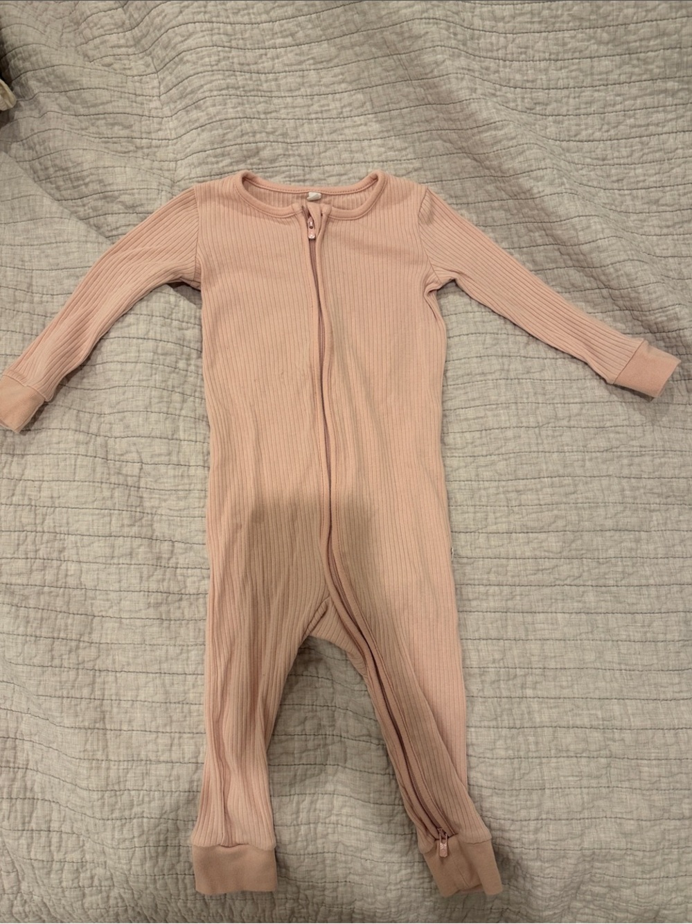 Kids Ribbed Zip-Front One-Piece Footie in Blush Pink